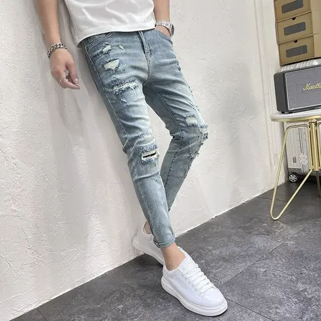 2023秋冬新款水洗破洞乞丐牛仔裤男潮修身小脚裤补丁铅笔裤长裤子商品大图