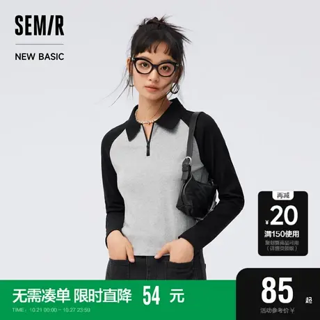 [商场同款]森马长袖T恤女短款紧身拼色插肩袖2023新款polo领秋装图片