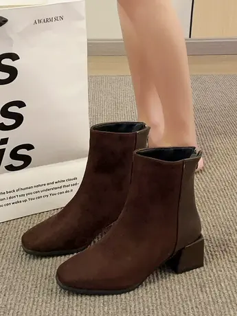 短靴女新款粗跟中跟方头后拉链英伦风马丁靴瘦瘦靴平底短筒裸靴女图片