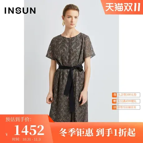 恩裳夏季流行撞色腰带印花半透明朦胧美感连衣裙图片