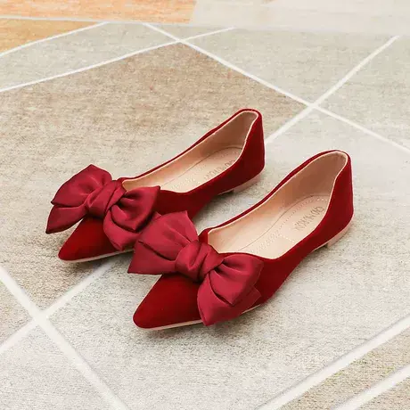 酒红色婚鞋女2022年新款新娘伴娘鞋秀禾婚纱两穿平底鞋孕妇单鞋商品大图