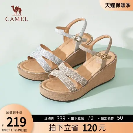 骆驼女鞋2023夏季新款大气优雅复古浪漫闪钻坡跟时尚百搭时装凉鞋图片