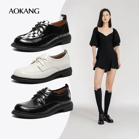 奥康女鞋 秋季气质潮流舒适百搭单鞋复古经典棋盘格小皮鞋图片
