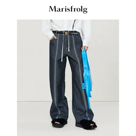 【经典牛仔】玛丝菲尔时尚百搭复古水洗撞色绗缝阔腿直筒牛仔裤女图片