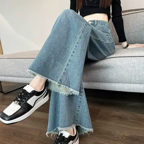 牛仔阔腿裤女2024年春秋新款宽松高腰显瘦垂感毛边大摆直筒拖地裤商品大图