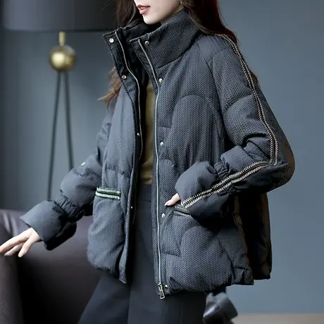宝诗黎立领90白鸭绒羽绒服2023秋冬季新款肌理感保暖短外套女宽松商品大图