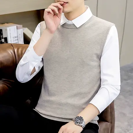 男士商务时尚休闲套头毛衣春秋季潮流针织衫背心假两件衬衫领上衣图片