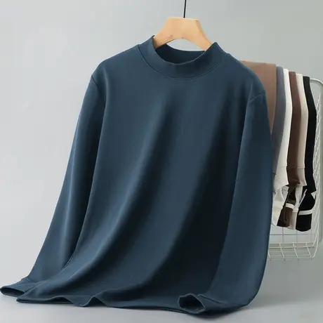 450g重磅半高领长袖t恤男装秋冬加绒加厚中领内搭打底衫纯色体恤商品大图