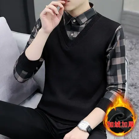 秋冬季新款假两件毛衣男潮流韩版衬衫领针织衫男装加绒加厚上衣服商品大图