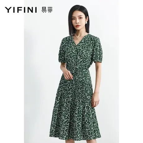 Yifini/易菲清新绿色小碎花V领短袖连衣裙女夏季新款优雅气质图片