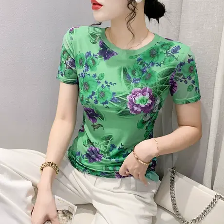 设计感印花上衣女短袖2023夏季新款修身网纱T恤气质减龄圆领小衫商品大图