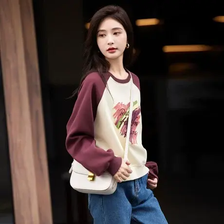 时尚休闲卫衣2023年秋冬新款显龄百搭温柔通勤圆领拼接套头上衣图片