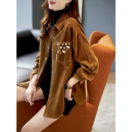宝诗黎亮片灯芯绒衬衫秋季长袖外搭上衣2023年新款宽松纯色薄外套商品大图