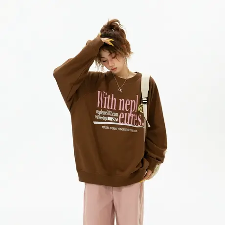 YEP美式复古咖色圆领卫衣女2023新款春秋款街头潮牌宽松无帽上衣商品大图