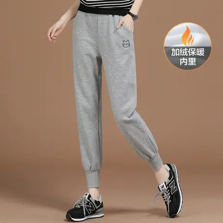 韩潮袭人松紧腰刺绣加绒休闲运动裤女2023冬季新款显瘦束脚卫裤子图片