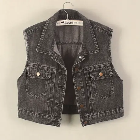 牛仔马甲背心女短款春秋复古压褶休闲2025无袖外套黑坎肩搭连衣裙商品大图