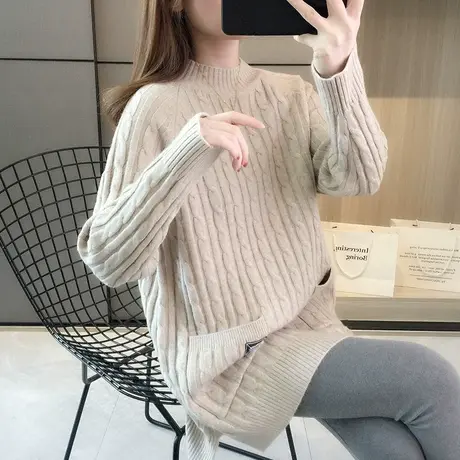 中长款毛衣女秋冬季加厚打底衫2025新款宽松复古半高领套头针织衫商品大图