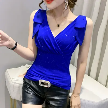 女装2024新款潮性感V领交叉T恤女短袖夏洋气网纱上衣无袖心机小衫商品大图