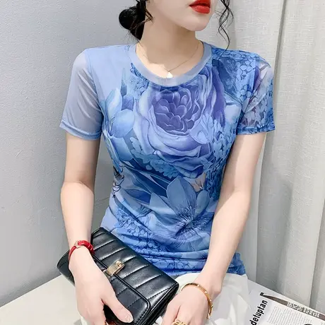 时尚网纱t恤女短袖漂亮印花上衣修身显瘦圆领小衫减龄百搭半袖夏图片