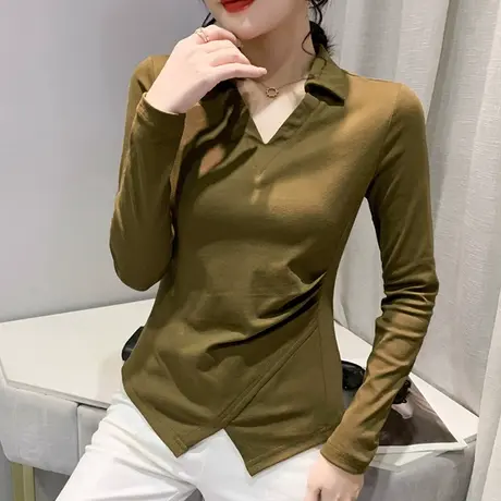 时尚POLO领打底衫女长袖2024秋装新款下摆开叉设计感上衣气质T恤商品大图