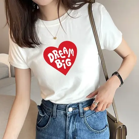 爱心印花纯棉圆领短袖T恤女夏装2023新款宽松百搭半袖上衣ins潮牌商品大图