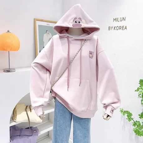 韩国东大门小熊连帽上衣2023早春新款慵懒风设计感卫衣休闲女大码图片