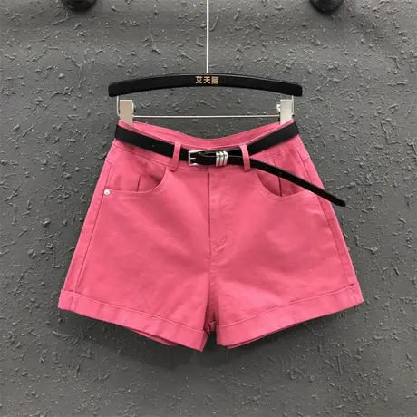 夏季靓丽玫粉色休闲简约女士百搭牛仔短裤女宽松显瘦港味阔腿热裤图片