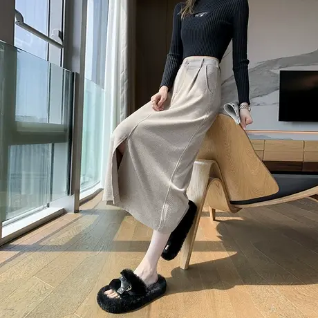 毛呢半身裙女秋冬2023新款前开叉高腰a字复古半裙卡其色秋季裙子图片