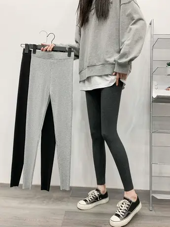 韩版春秋灰色螺纹纯棉打底裤女外穿薄款显瘦秋裤打底裤大码港味商品大图