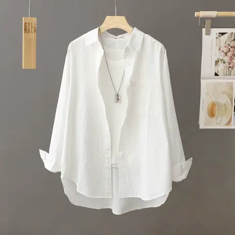 休闲衬衫外套女中长款宽松大码开衫2024年春秋季新款上衣叠穿衬衣商品大图