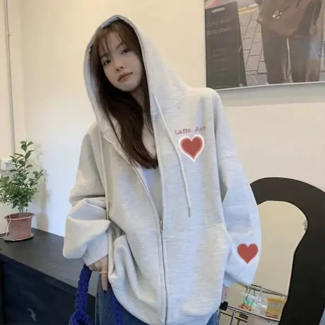 连帽卫衣女2023新款秋冬季小个子上衣韩系慵懒风加绒加厚开衫外套商品大图