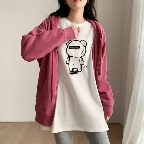 韩版中长款印花白色T恤女2022秋冬新款纯棉设计感圆领打底衫上衣图片