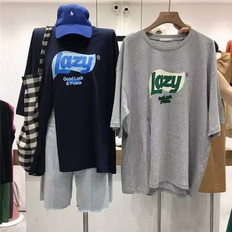 短袖t恤女2021夏季新款韩版ins潮慵懒风bf宽松下摆开叉设计感上衣商品大图