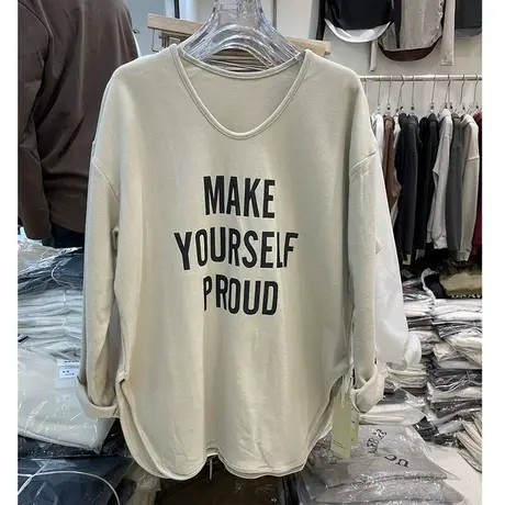 欧货潮款U领加绒磨毛中长款大版T恤宽松版小心机字母打底衫遮臀冬商品大图