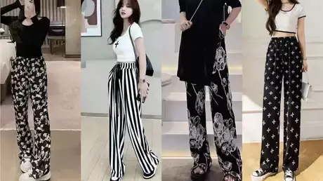 小奶狗印花阔腿裤女春夏高腰垂感拖地裤格纹直筒宽松小个子花裤商品大图