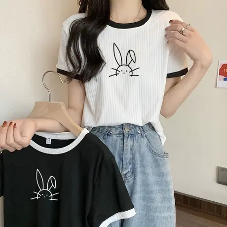 短款正肩短袖T恤女2024年新款夏季韩版宽松百搭学生圆领上衣半袖商品大图