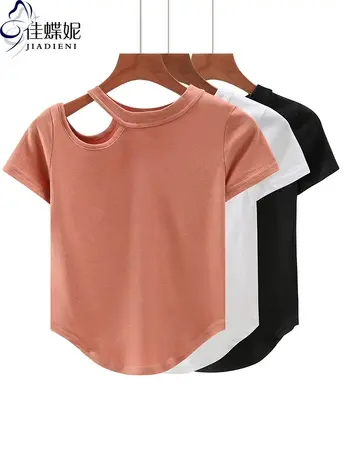 夏新款韩圆领露肩纯欲短款下摆圆弧修身纯棉短袖体恤上衣女打底衫商品大图