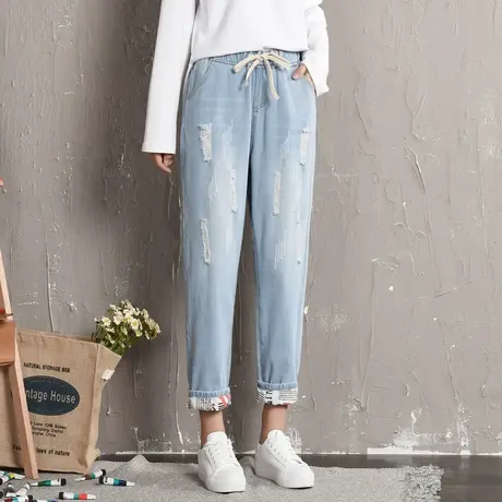 胖妹妹复古宽松破洞棉质牛仔裤加大码春装牛仔哈伦裤200斤女商品大图