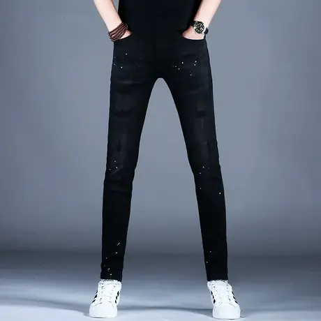 男士秋冬季牛仔裤男款黑色修身破洞补丁喷漆小脚裤子潮牌男裤2023商品大图