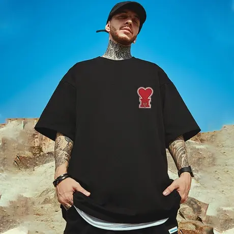 oversize港风潮牌国潮嘻哈短袖T恤宽松大码男装体恤简约情侣半袖商品大图