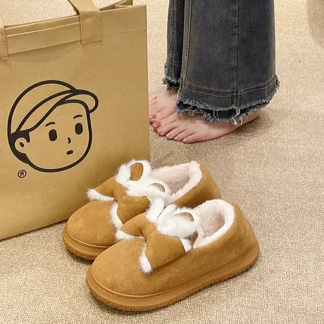 复古棉拖鞋女士冬季室内居家时尚蝴蝶结加绒保暖防滑厚底包跟棉鞋图片