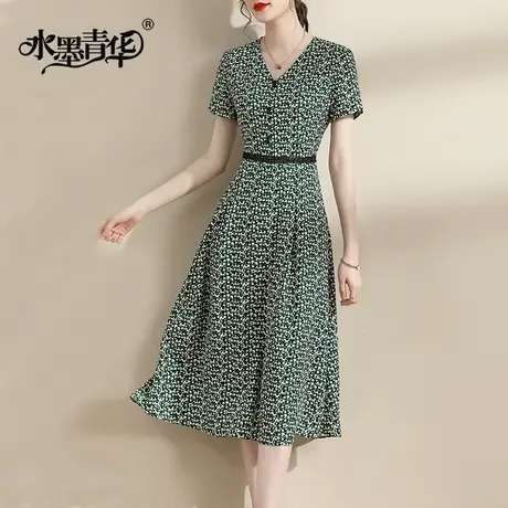 【1件7.9折】显瘦V领短袖连衣裙夏季新款收腰中长款印花裙子图片