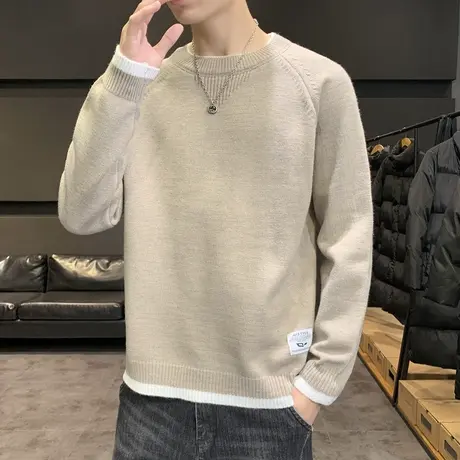 2022春秋新款男装毛衣男士针织衫加绒加厚修身青少年冬季圆领线衣商品大图