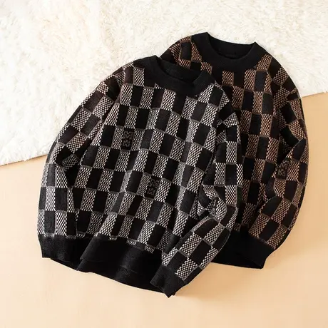 2023秋冬季休闲格子线衣男士圆领卫衣长袖保暖打底衫上衣加绒毛衣商品大图