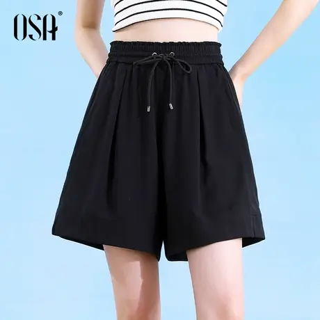 OSA欧莎黑色高腰小个子运动短裤女夏季薄款阔腿裤宽松休闲五分裤图片