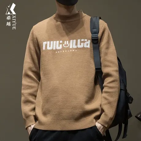 希越重磅12针咖色毛衣男冬季宽松大码提花针织衫男士圆领毛衫外套商品大图