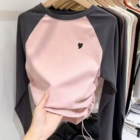 ins超火拼接撞色长袖T恤女德绒内搭打底衫秋冬季设计感小众上衣服商品大图