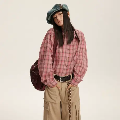街头潮牌复古红色格子衬衫女春秋2024年新款宽松oversize港风衬衣商品大图