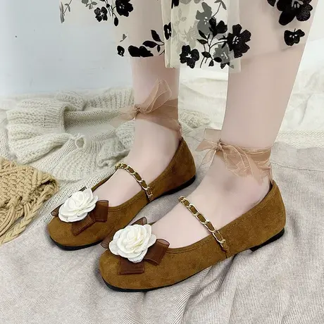 法式玛丽珍鞋女2024春秋季新款复古绒面平底一字扣配裙子浅口单鞋商品大图