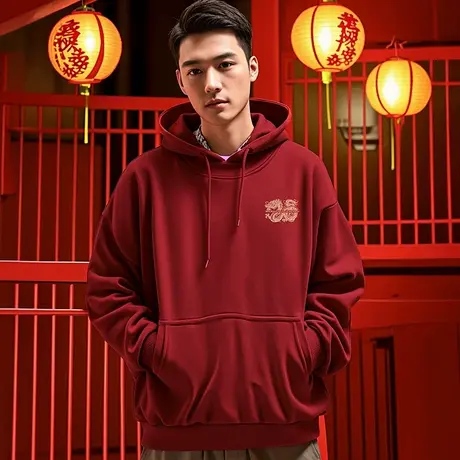 2024红色连帽卫衣春款季过年新年龙年本命年宽松加绒情侣男生外套图片